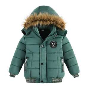 Ocieplana kurtka płaszczyk zimowa z kapturem dziecięca dla chłopca ze ścigaczami