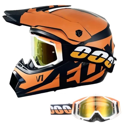 Kask Motocyklowy Cross Enduro Motocrossowy MTB V1 Orange + Gogle