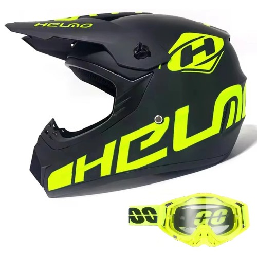 Kask Motocyklowy Cross Enduro Motocrossowy MTB HELMO Fluo Yellow + Gogle