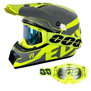 Kask Motocyklowy Cross Enduro Motocrossowy MTB V1 Fluo Yellow + Gogle