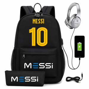 Plecak Szkolny USB dla Dzieci Leo Messi Zestaw z Piórnikiem i Kłódką Antykradzieżową