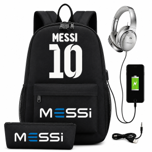 Plecak Szkolny USB dla Dzieci Leo Messi Zestaw z Piórnikiem i Kłódką Antykradzieżową