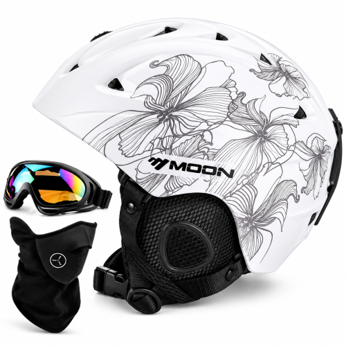 Kask Narciarski Snowboardowy MOON Damski z Goglami i Maska Biały Kwiaty