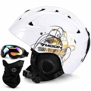 Kask Narciarski Snowboardowy MOON Biały Złoty Nadruk + Akcesoria