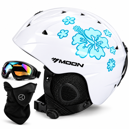 Kask Narciarski MOON Damski Biały Błękitne Kwiaty + Gogle Maska Gratis