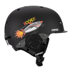 Kask Narciarski Snowboardowy Dziecięcy COPOZZ Czarny Rakieta z Daszkiem